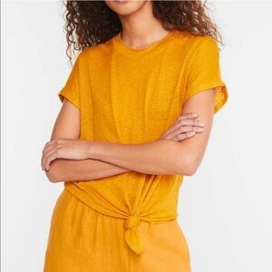 Lou & Grey 100% Linen Knotted Tee Mustard Yellow Medium Relaxed Fit